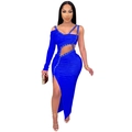 Sexy bright blue asymmetric cutout long dress with high slit and metal ring details - S / Blue