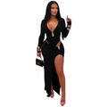 Detail of elegant black long sleeve maxi dress featuring deep V-neck and gold buckle waist cut-out - S / Black
