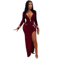 Detail of burgundy V-neck dress with waist cut-outs and golden metal decorative buckles - S / Burgundy
