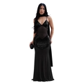 Detail of elegant black sequin evening gown with sheer mesh panels and spaghetti straps - S / Black