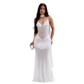 Detail of white sequin bodice and sheer mesh skirt on a floor-length evening gown - S / White