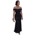 Detail of elegant black off-shoulder evening dress with ruched fabric and fishtail hem - S / Black