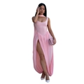 Detail eines rosa Neckholderkleides mit hohem Schlitz, Faltenrock und Halstuch-Set - S / Rosa