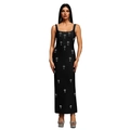 Detailed view of black slim-fit dress with radiant silver rhinestone patterns and square neck - S / Black