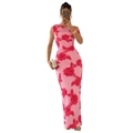 Detail of pink floral embroidery and pleated one-shoulder design on mesh bodycon dress - S / Rose Red