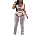 Three-piece white mesh bikini set for women with pearl beads and ruffle detail - S / White