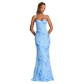 Elegantes hellblaues langes Abendkleid mit Blumenstickerei und dünnen Trägern - S / Blau