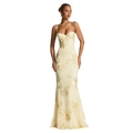 Abendkleid in Champagner mit 3D-Blumenstickerei und eleganten Spaghettiträgern - S / Gelb