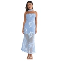 Hellblaues trägerloses Maxikleid mit weißer Blumenstickerei und passendem Schal - S / Blau