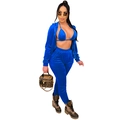 Detail view of women's bright blue velvet 3-piece set with hoodie, top and joggers - S / Blue