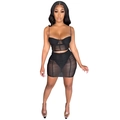 Detail of black mesh two-piece set featuring sheer camisole top and ruched mini skirt - S / Black
