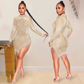 Sexy mesh sheer bodycon mini dress with white pearls, rhinestones and fringe hemline - S / Dresses / Apricot