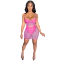 Pink mesh two-piece set featuring a strap corset top and ruched bodycon skirt - S / Rose Red
