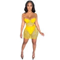 Detail of ruched yellow mini skirt and mesh crop top set for women clubwear - S / Yellow