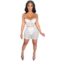 Detail view of white ruched mesh two-piece set with a crop top and high waist skirt - S / White