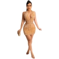Detail view of shimmering gold sequin halter dress with stylish waist cut-out and V-neck - S / Gold