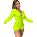 Detail view of neon yellow hooded romper with front zipper and velvet texture - S / Fluorescent Green