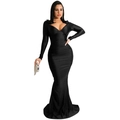 Detail of elegant black long-sleeve evening gown with deep V-neck and mermaid silhouette - S / Black