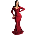 Detail of elegant deep red mermaid evening dress with V-neckline and glossy silk texture - S / Red
