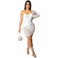Détail de la robe en mesh blanc avec strass brillants et texture de manche transparente - S / Blanc