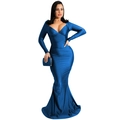 Close-up of royal blue satin mermaid dress with deep V-neck and elegant draped texture - S / Blue