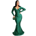 Detail of dark green satin mermaid evening gown with deep V-neck and long sleeves - S / Green
