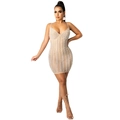 Close-up of pearl beaded vertical stripes on a mesh bodycon dress with spaghetti straps - S / Apricot