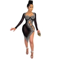 Robe élégante noire à manches longues en mesh avec strass et fente haute sexy - L / Noir