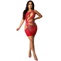 Detail eines roten Hollow-Out-Minikleides mit Strassmustern und One-Shoulder-Ausschnitt - S / Rot