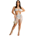Dettaglio tutina con paillettes argento con frange bianche e hardware ad anello in metallo - S / Bianco