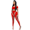 Detail of red and sheer mesh jumpsuit with geometric cutout design for party wear - S / Top And Bottom / Red