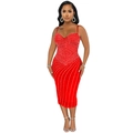 Sexy red bodycon dress with rhinestone stripes and thin shoulder straps for evening wear - S / Red