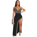Elegante abito lungo nero aderente con strass e sexy spacco laterale per feste serali - S / Nero