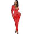 Dettaglio della tuta rossa in mesh con strass argento e profondo scollo a V sexy da donna - S / Rosso
