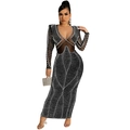 Detail of hot-fix rhinestones and mesh patchwork on long sleeve black bodycon dress - Black
