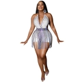 Detailed view of white rhinestone fringed halter neck dress with deep V-neckline - S / White