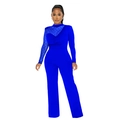 Detail des hellblauen Jumpsuits mit gepunkteten Mesh-Ärmeln und hohem Taillenschnitt - S / Hellblau