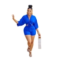 Top corto con escote en V y lazo con pantalones cortos de talle alto en azul vivo - S / Azul