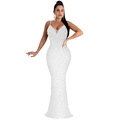 Elegant white mermaid evening dress with deep V-neck and luxurious pearl embellishments - White