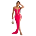 Detail of hot pink V-neck evening gown featuring silver rhinestones and high slit - Rose Red