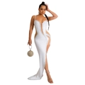 White slim evening gown with rhinestones, deep V-neck, mesh cutouts, and high side slit - White