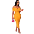 Detail of the elegant yellow off-shoulder dress featuring refined pleated texture and knots - Orange