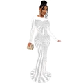 Detail of white evening gown with shimmering sequins and elegant floor-length mermaid hem - White