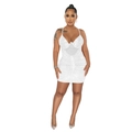 Detail of white sequin mini dress with mesh patchwork and sparkling rhinestone accents - White