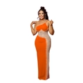 Détail de robe de soirée orange à une épaule avec découpe en résille et strass brillants - L / Orange