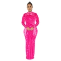 Detail of hot-fix rhinestones and fringe sleeves on a fuchsia mesh bodycon maxi dress - Rose Red