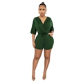 Detail of dark green V-neck romper with waist drawstring and side pocket features - S / Dark Green