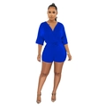 Detail of royal blue V-neck romper with elastic drawstring waist and batwing sleeves - S / Blue
