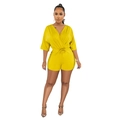 Detail of yellow V-neck romper with elastic drawstring waist and mid-length sleeves - S / Yellow