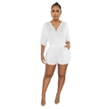 Detail of white V-neck romper featuring a drawstring waist and flowing mid-sleeves - S / White